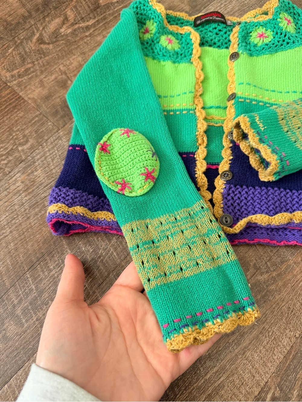 Catimini Green, Teal & Yellow Crochet-Trim Cardigan - Picture 2 of 9